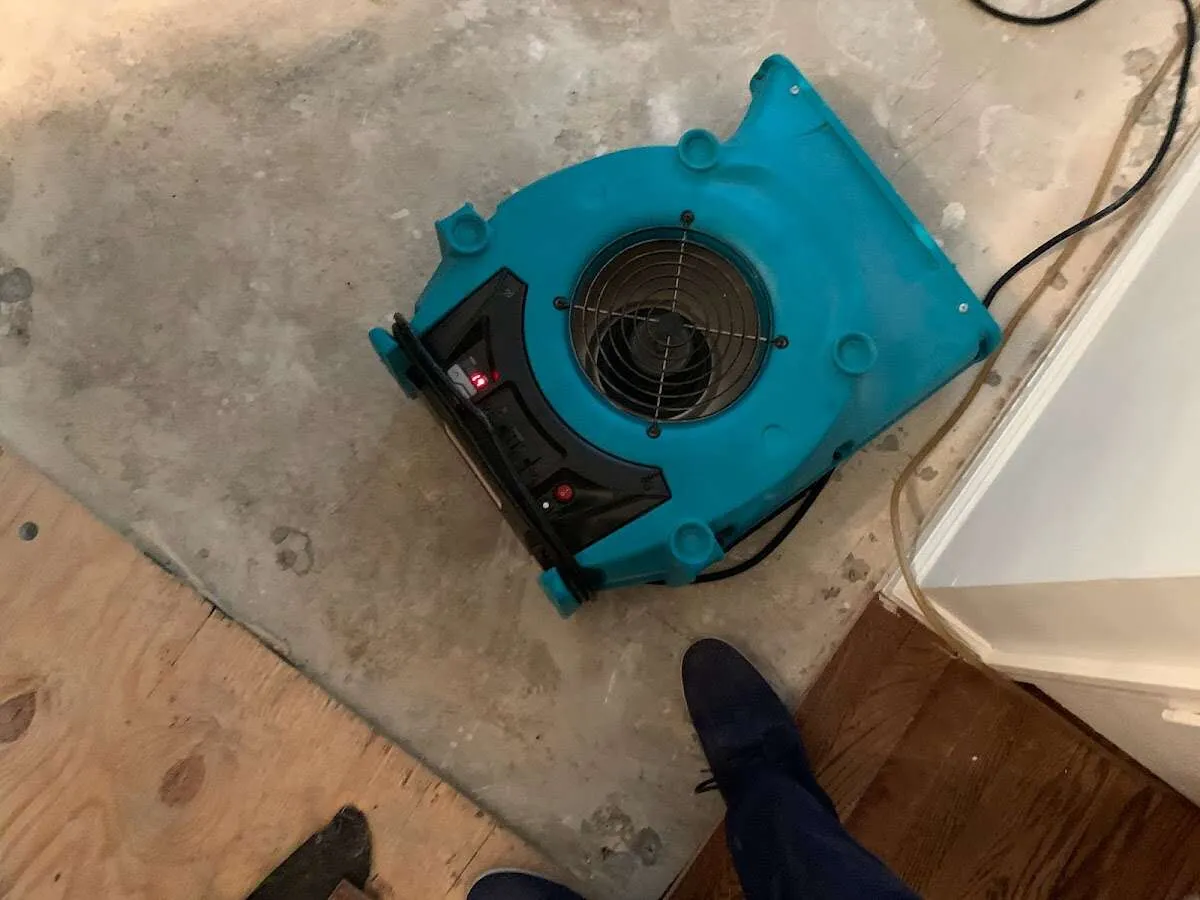 Air mover drying subfloor during Leak Detection & Repair in Nanakuli